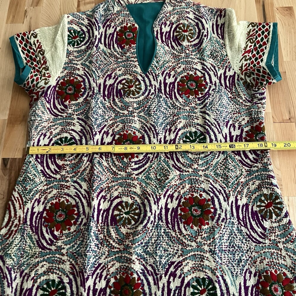 Women's Short Sleeve Side Split Tunic Kameez Multicolor Embroidered Cotton M - Picture 7 of 10